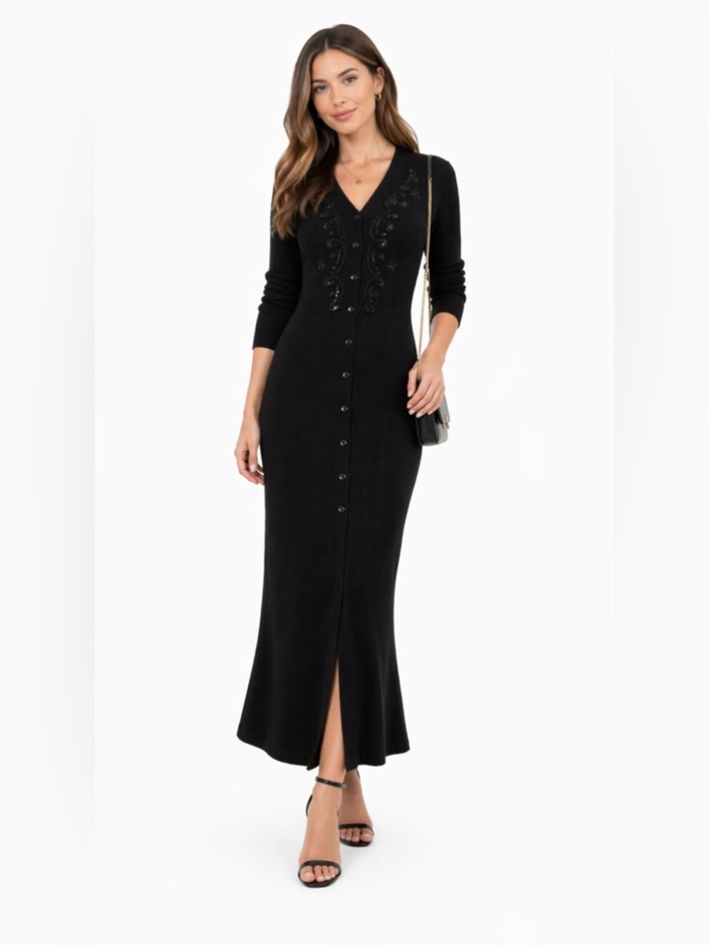 Carole Little Black Long Sleeve Dress with Button Detail